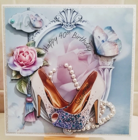 Shoes, Handbag and Roses card front with decoupage and sentiments by Jennifer Selbie