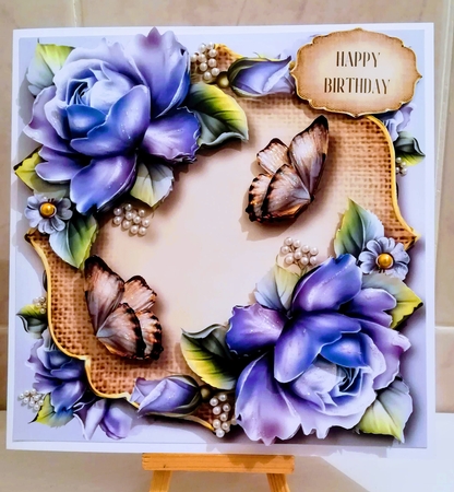 Roses, Burlap & Butterflies - Blue 8x8 by Jennifer Selbie