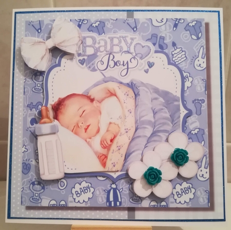 Sweet baby boy sleeping with white bow and flowers 8x8 by Jennifer Selbie
