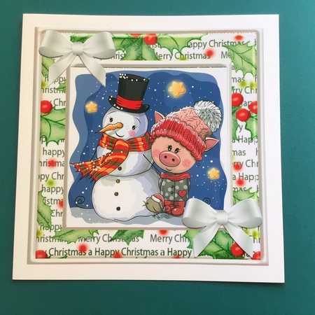 Lovely snowman with little miss piggy  in festive frame 8x8 by Jennifer Archer