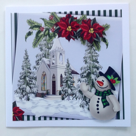 Pretty Church in the Snow with Trees and Snowman 8x8 by Jennifer Archer