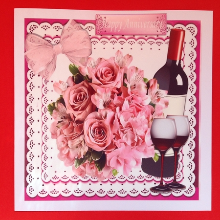 Red Wine, and Pink Roses on Lace with Bow 8x8 by Jennifer Archer