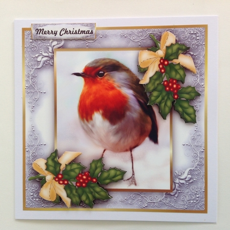 Christmas Robin & berries& golden bow by Jennifer Archer