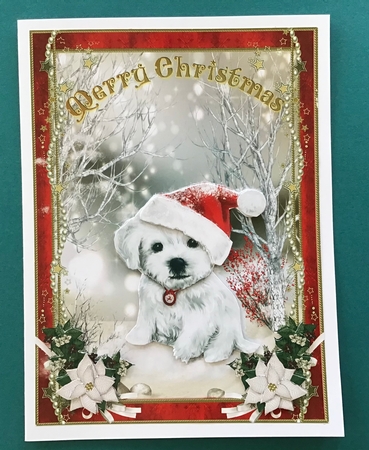 Sweet Little White Christmas Puppy in the Snow  A5 Card Front & Decoupage by Jennifer Archer