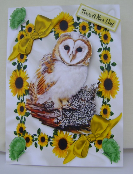 Owl in Sunflower Frame with Bows and Butterflies by Jennifer Archer