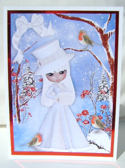 Pretty Lady in White with Robins in Snow Scene A4 by Jennifer Archer