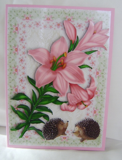 Pink Lillies with Hedgehogs in Floral Frame by Jennifer Archer
