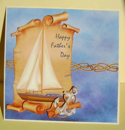 Sail Boat on a Scroll 8x8 Decoupage Card - Happy Fathers Day by Jennifer Archer
