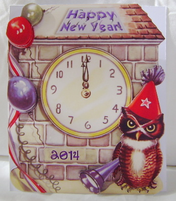 Shaped Card Front Happy New Year Vintage Owl Decoupage by Jennifer Archer