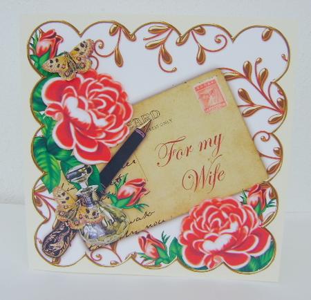 Red Rose My Wife 8in White Scallop Decoupage Topper by Jennifer Archer