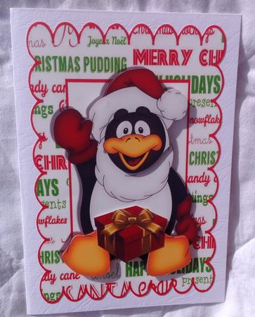 Penguin in Santa Hat with Present Waving by Jennifer Archer