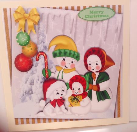 Snowman Family with Puppy and Baubles 8x8 by Jennifer Archer