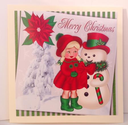 Little Girl in Red Coat with Snowman & Poinsettia 8x8 by Jennifer Archer