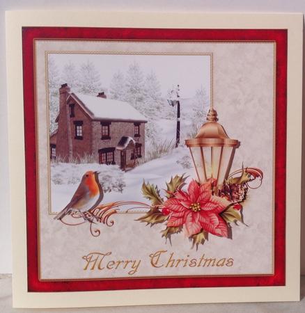 Snowy Cottage Robin Poinsettia & Lantern by Jennifer Archer