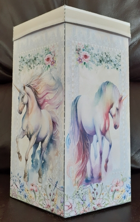 GORGEOUS TALL HEXAGONAL DECOUPAGE BOX - WATERCOLOR UNICORNSFlowers & Lace by Jenny Caldwell