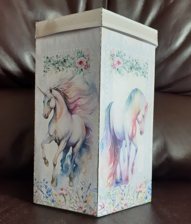 GORGEOUS TALL HEXAGONAL DECOUPAGE BOX - WATERCOLOR UNICORNSFlowers & Lace by Jenny Caldwell