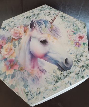 GORGEOUS TALL HEXAGONAL DECOUPAGE BOX - WATERCOLOR UNICORNSFlowers & Lace by Jenny Caldwell
