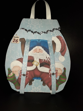 Tired Santa back pack gift bag by Jenny Caldwell