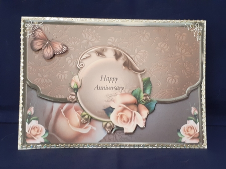 Pink Roses And Butterflies Scalloped Edge Faux Envelope Card Anniversary by Jenny Caldwell