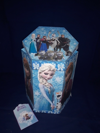 FROZEN ANNA ELSA OLAF TALL HEXAGONAL DECOUPAGE BOX by Jenny Caldwell