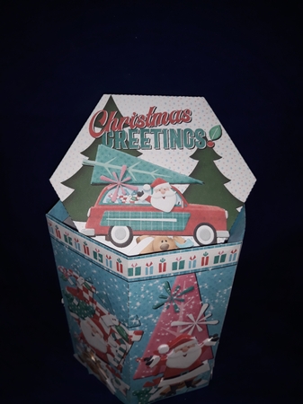 CHRISTMAS AUTO SANTA - HEXGONAL FAVOR GIFT BOX DECOUPAGE by Jenny Caldwell