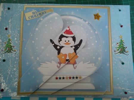 Cute Xmas Penguin Snowglobe Fan Pyramage Topper by Jenny Walton