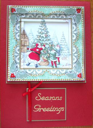 Santa Decorating Tree Spiral Edge Stacker Card Front by Jill Duncanson