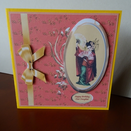 Beautiful geisha 8 x 8 in birthday card front in red and beige. by Jillian Bond