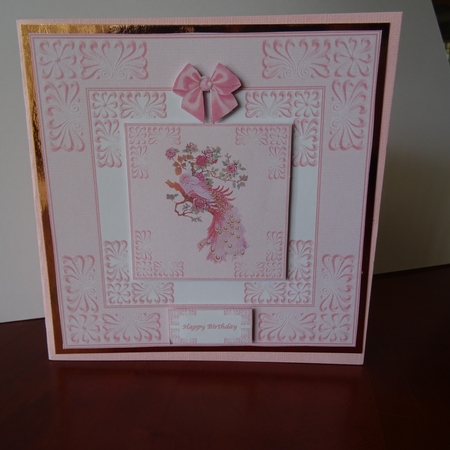 8 x 8 pink proud peacock quick card front by Jillian Bond