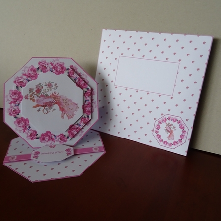 5 x 5 Bright pink peacock octagonal easel card with matching envelope by Jillian Bond