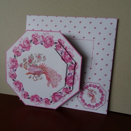 5 x 5 Bright pink peacock octagonal easel card with matching envelope by Jillian Bond