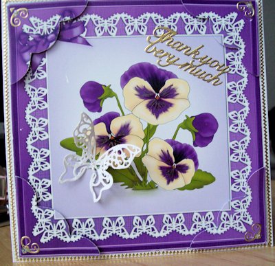 8 x 8 Pansy on Butterfly Lace Scalloped Corner Topper by Jillian Liddle