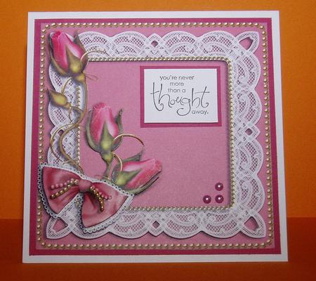 Vintage Dusky Pink Rosebud Lace Square Card Front and Frame by Jo Edwards