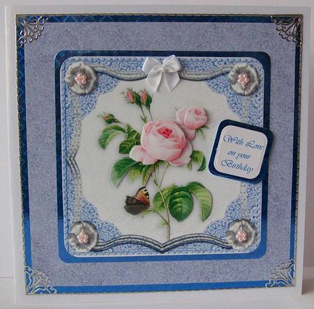 6" x 6" Vintage Rose & Butterfly Decoupage Blue Square Card by Joan Mary Smith