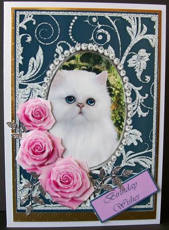 Pink Roses - White Kitty Cat - Silver Teal Card Front by Joan Mary Smith