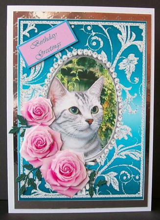 Pink Roses - Tabby Kitty Cat - Silver Jade Card Front by Joan Mary Smith
