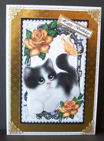 Cute Kitty with Gold Roses and Lace Frame by Joan Mary Smith