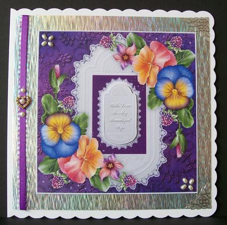 8 x 8 Pansies on Purple & Silver Card Topper by Joan Mary Smith