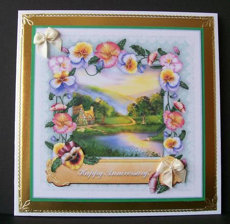 8 x 8 Pansies Around the Lake on Green Lace Card Topper by Joan Mary Smith