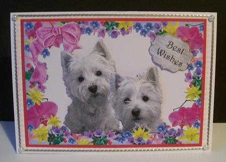 Cute Pair of Westies in Flower Frame with Bow by Joan Mary Smith