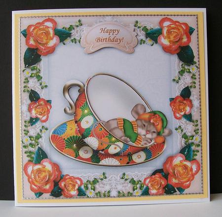 Teacup Rosy Mouse - 8" x 8" Card Topper by Joan Mary Smith