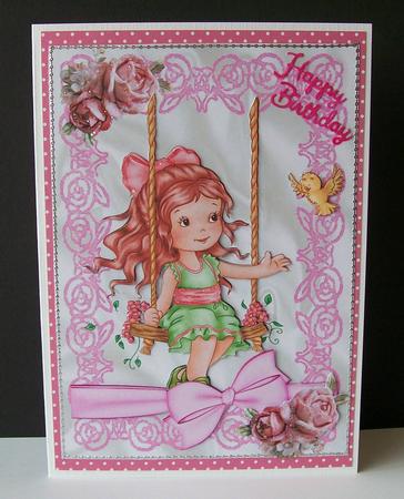 Little Girl on Her Swing with Bow and Pink Roses by Joan Mary Smith