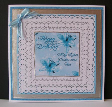 Pretty Blue with Frill Lace Edging Card & Toppers by Joan Mary Smith