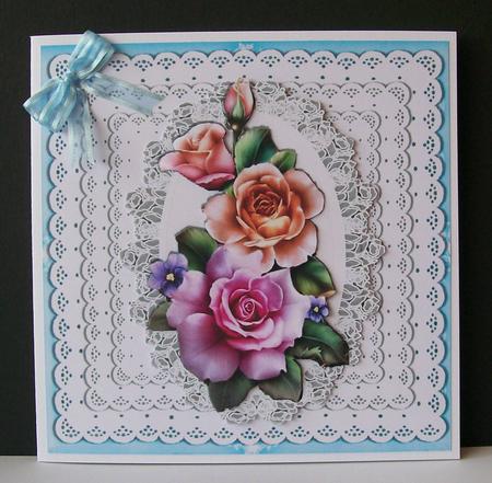 Pretty Turq with Frill Lace Edging Card Front & Toppers by Joan Mary Smith