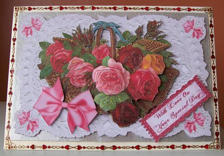 Pretty Basket of Roses on Ecru Lace by Joan Mary Smith