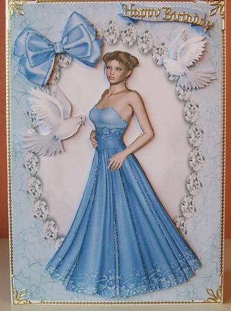 Pretty Lady in Silver /blue Dress with Doves by Joan Mary Smith