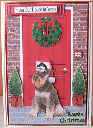 Schnauzer Dog Christmas Door Step Scene by Joan Mary Smith