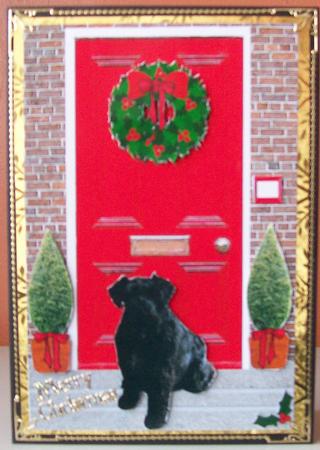Schnauzer ,black, Christmas Door Step Scene by Joan Mary Smith