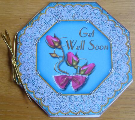 Peacock Rose Get Well Soon Octagon Lace Picture Fold Card by Joan Murfitt