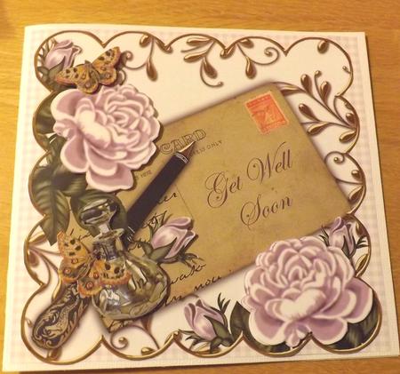 Lilac Roses Get Well Soon 8in Scallop Decoupage Topper by Joan Murfitt